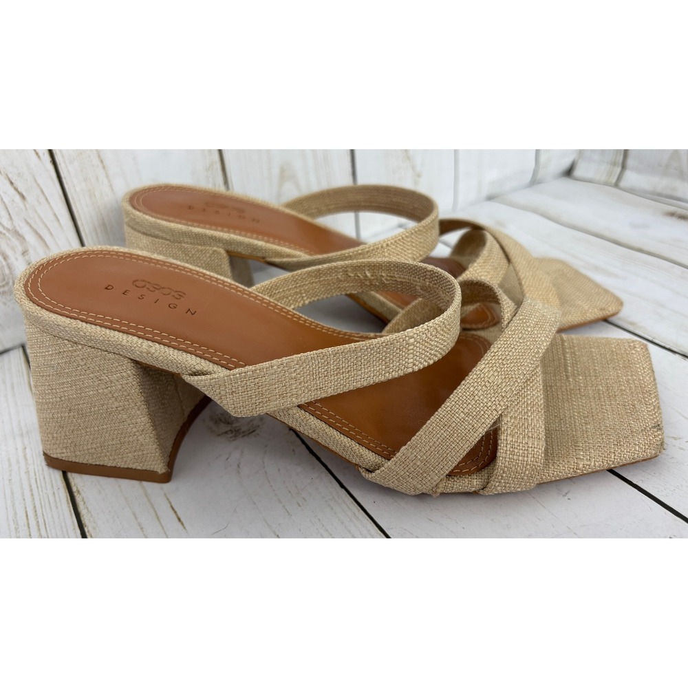 ASOS DESIGN Women Beige Woven Raffia Block Heel Sandals Square Toe Mules 6M